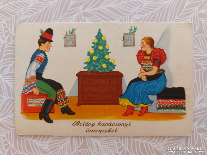 Régi karácsonyi képeslap rajzos levelezőlap matyó népviselet