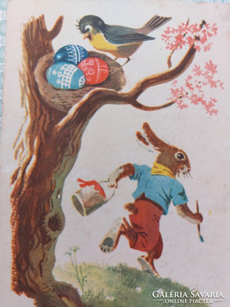 Old Easter picture postcard 1959 bunny bird postcard