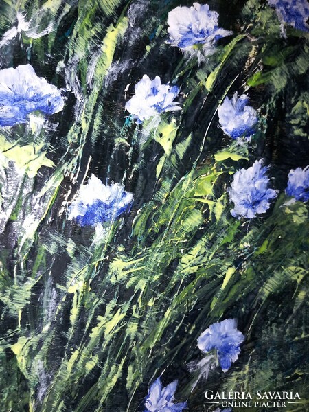 "KÉK virágok domborháttérrel"  32 x 45 cm,ragyogó színekkel