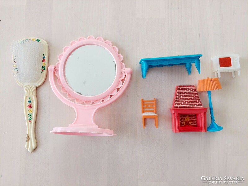 7-piece retro dollhouse doll furniture and toiletry set, mirror, fireplace, table, chair, comb