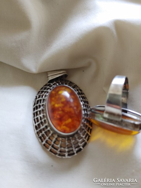 Silver pendant and ring with amber stones!