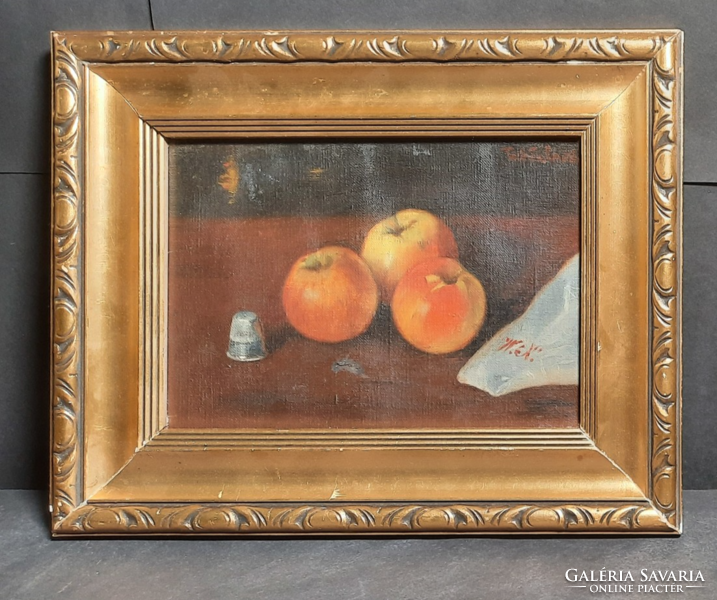 Apple still life with thimble, in a nice frame - oil, canvas, unidentified mark, fruit still life