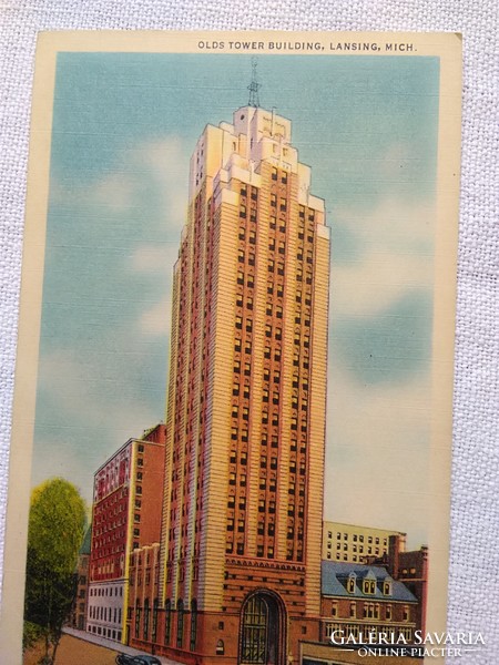Antique American graphic postcard, USA Michigan olds tower building, cityscape circa 1930