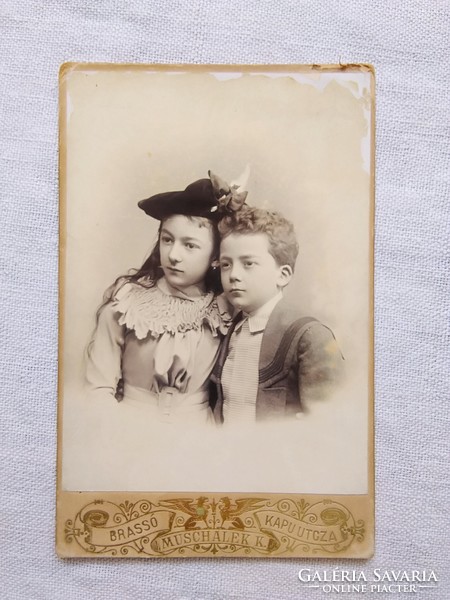 Antique Hungarian cabinet photo/hardback photo, elegant children, brother and sister Brasso, Muschalek 1900