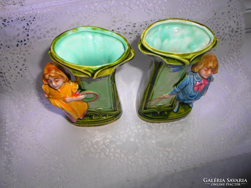 Antique majolica vase couple - boy and girl