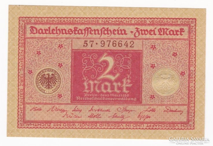 2 Márka Birodalmi Hitelkincstárjegy / ﻿Darlehenskassenschein  1920.