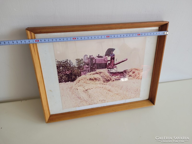 Old retro harvest combine agricultural photo image in a glass frame red October mg no