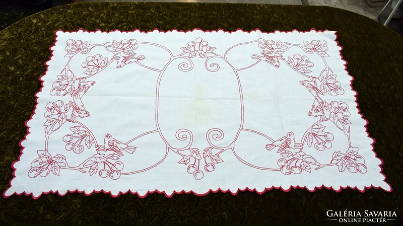 Embroidered red and white folk needlework table cloth centerpiece with thrush and cherry pattern 112 x 68 cm