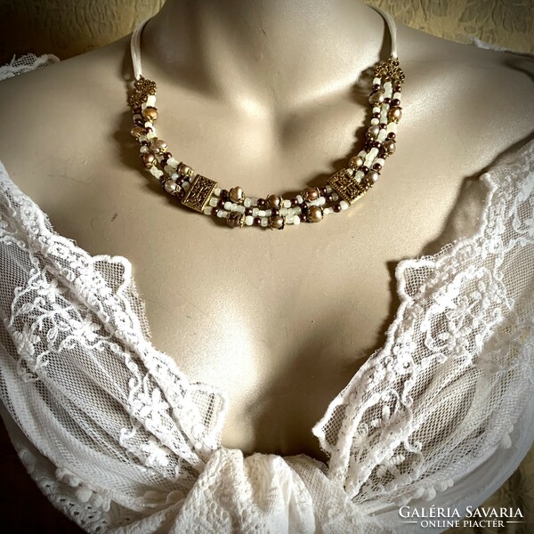 Byzantine style necklace with real pearl and mineral pearl eyes handmade necklaces, 3-row chain