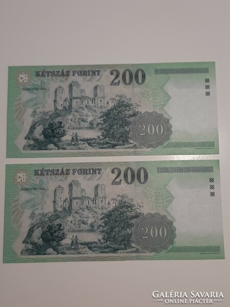 2 db sorszámkövető 200 forint bankjegy  2005  UNC