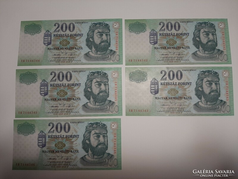 Rare 5 numbered HUF 200 banknotes 2006 unc