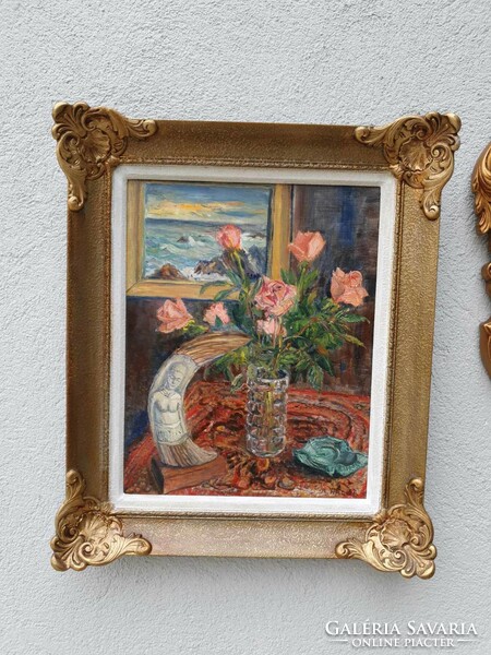 Signous, framed oil still life in an ornate frame