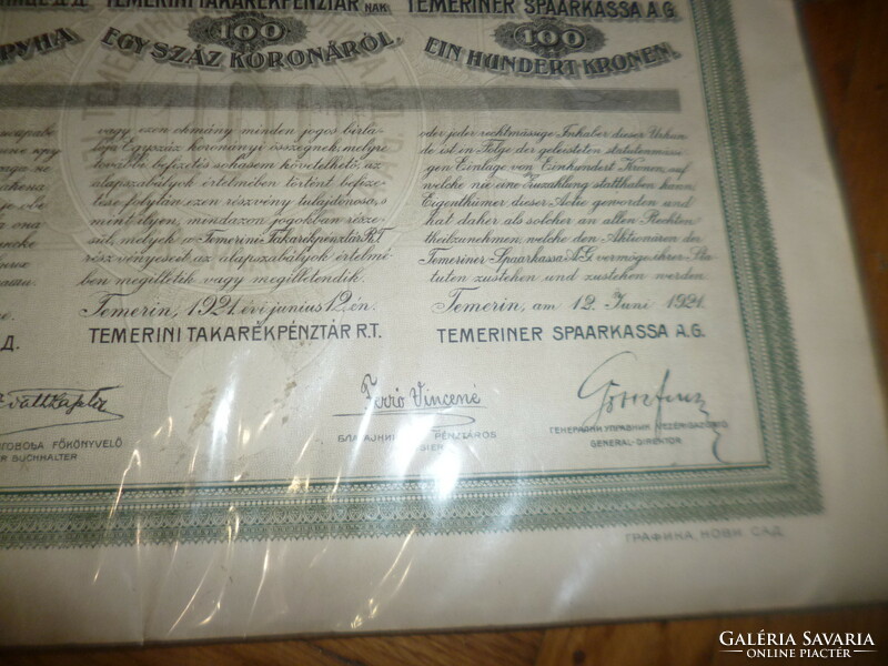 Old paper share Temerin savings bank rt. 1921