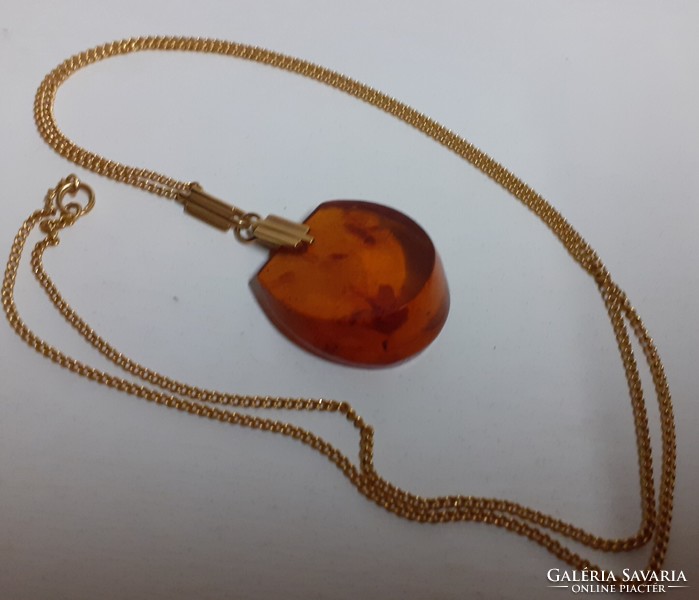 Old Russian marked genuine amber stone pendant on a long chain