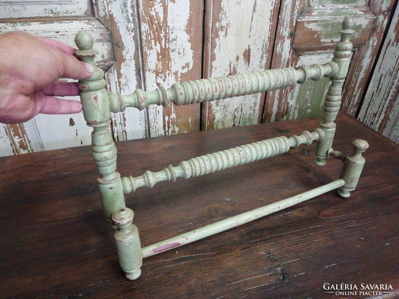 Worn turned folk towel rack, beautiful greenish color from the beginning of the 20th century