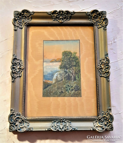 Landscape painted on silk, in a gilded, glazed blonde frame