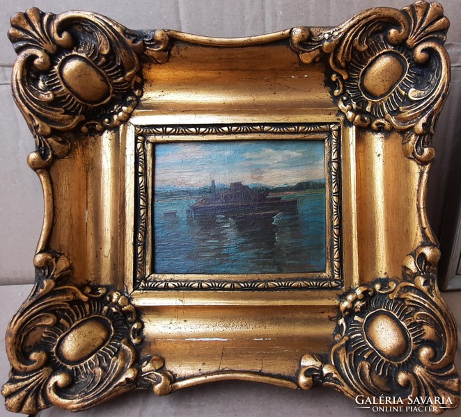 Steamboat - miniature oil painting in beautiful frame (on cardboard, 24x27 cm) sea, shipping