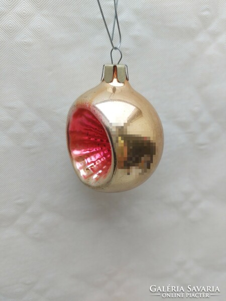 Old glass Christmas tree ornament indented golden sphere glass ornament
