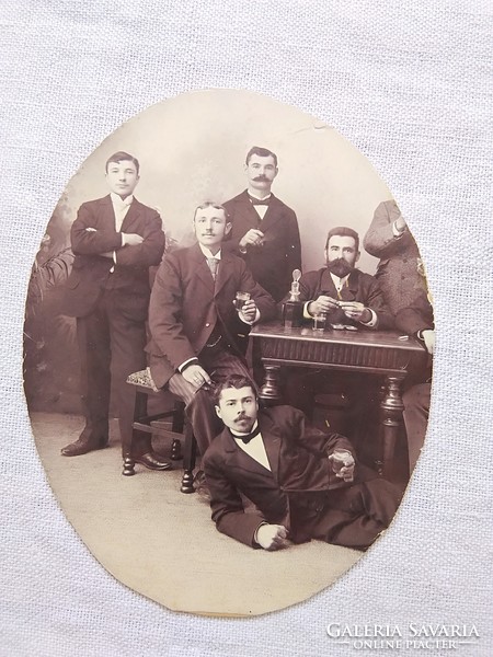 Antique double-sided photo, elegant couple, group of young men, circa 1900