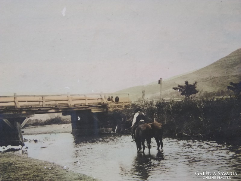 Antik képeslap/fotólap Meskó Ábris amatőr felvétele, magyar táj, folyó, híd, lovas, kislány 1903