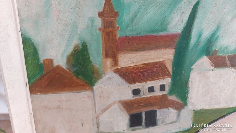 (K) village detail painting with 53x43 cm frame. It's a bit worn, the sign maybe a stoic...