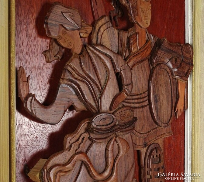1K218 framed 3-dimensional oriental wood carving 78.5 X 38 cm