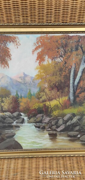 Nagyméretű, régi, antik, vászon festmény (tájkép patakból ivó őzekről) eladó