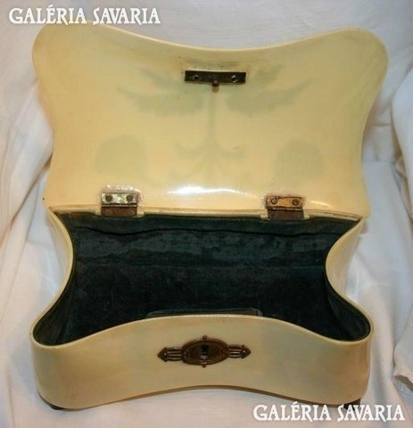 Celluloid jewelry box decorated with art deco vinyl inlays