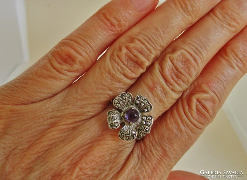 Szépséges antik ametiszt markazit margaréta ezüst gyűrű