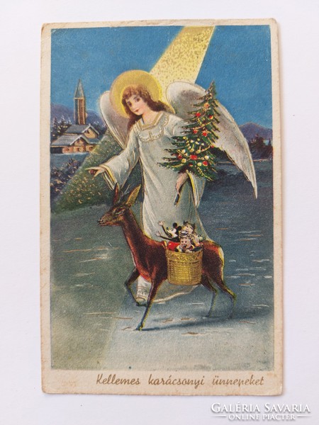 Old Christmas postcard 1941 postcard angel deer