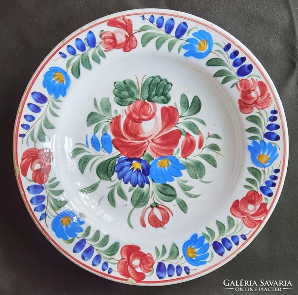 Antique hand-painted floral, large-sized Hólloháza hard ceramic wall plate, decorative plate.