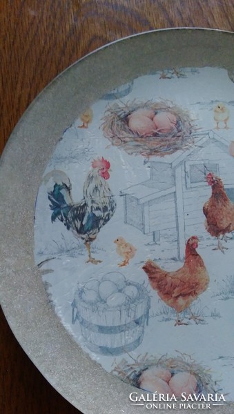 Decoupaged decorative glass plate with rooster 20 cm