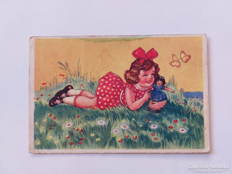 Régi képeslap levelezőlap kislány baba lepke tavasz