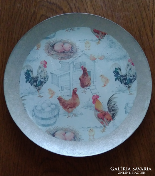 Decoupaged decorative glass plate with rooster 20 cm