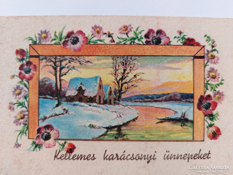 Régi karácsonyi mini képeslap tájképes levelezőlap üdvözlőkártya