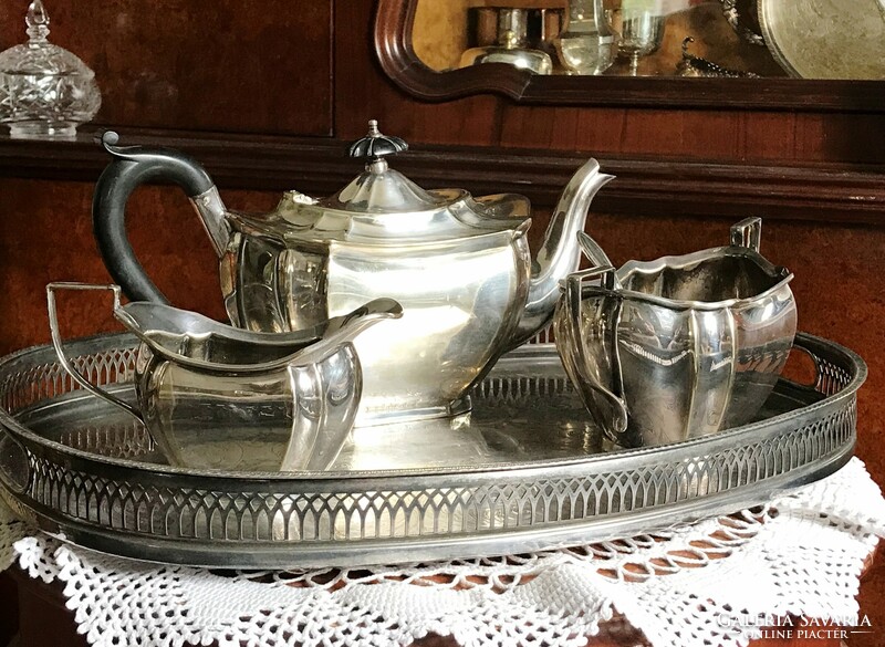 Ezüstözött, antik, jelzett, tea vagy kávé szervírozó kédzlet áttört tálcával