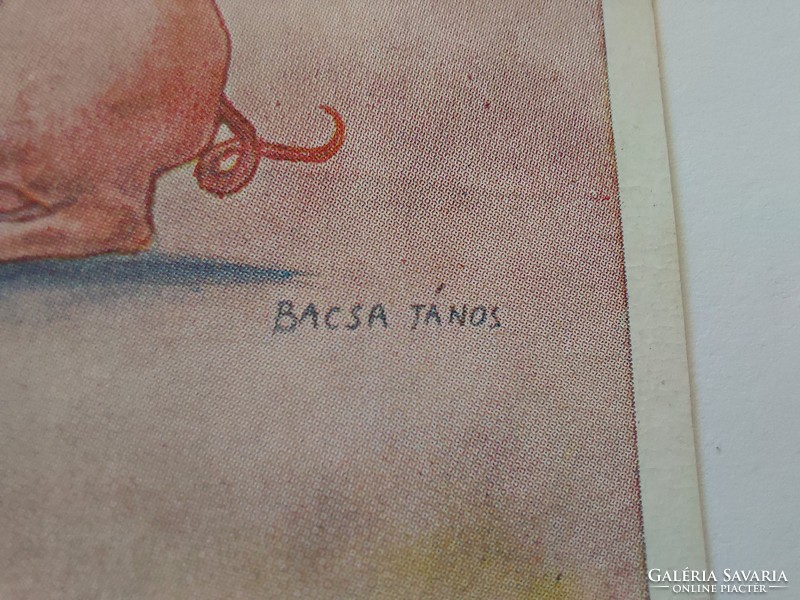 Régi újévi mini képeslap Bacsa János rajza levelezőlap malacos üdvözlőkártya