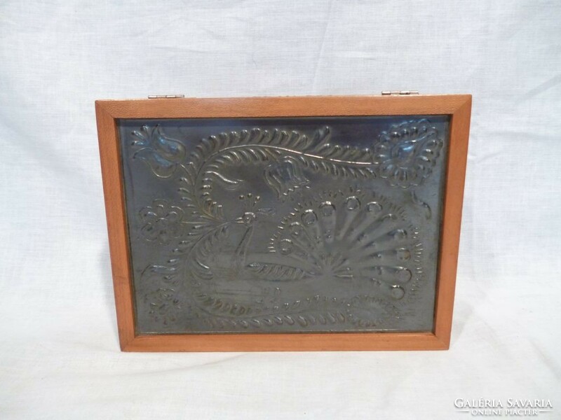 4514 Old copper card box with peacock decoration