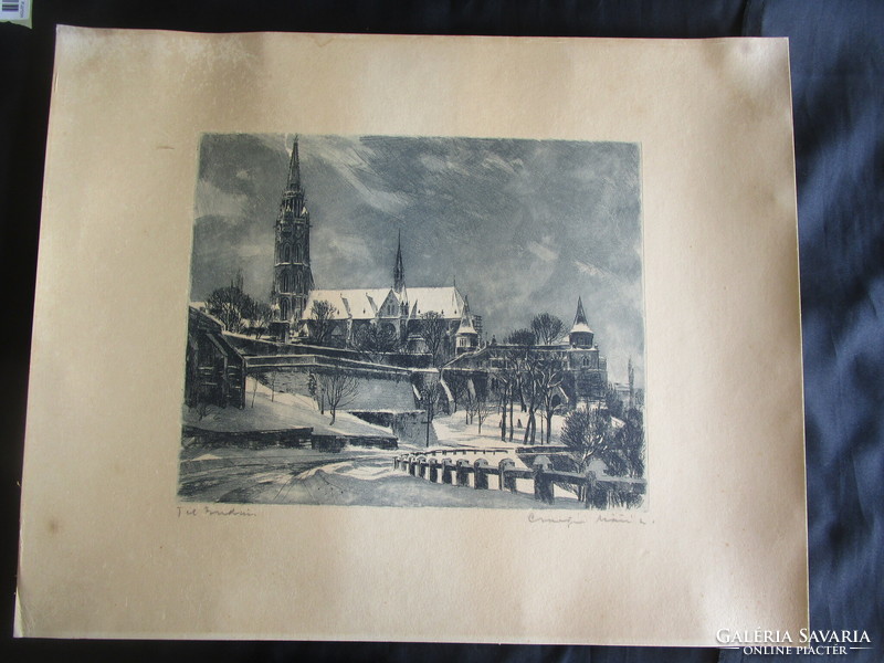 Máté Lajos Csurgói: Matthias Church in Tél Buda Fisherman's Bastion signed copperplate by the artist