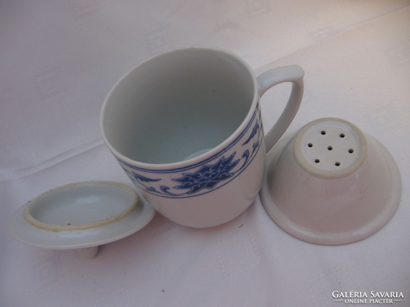 Japanese lotus flower blue-white filter tea mug with lid