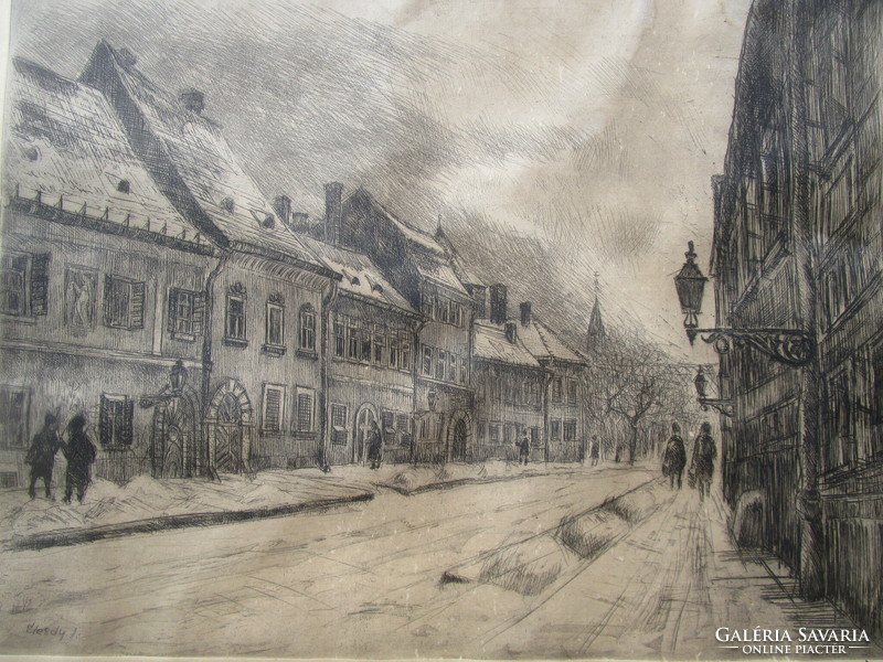 István Élesdy: Budavári street section, buda castle district, signed etching by the artist