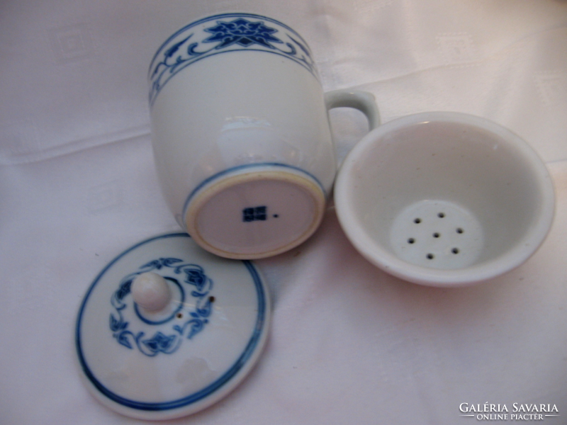 Japanese lotus flower blue-white filter tea mug with lid