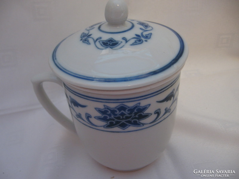 Japanese lotus flower blue-white filter tea mug with lid