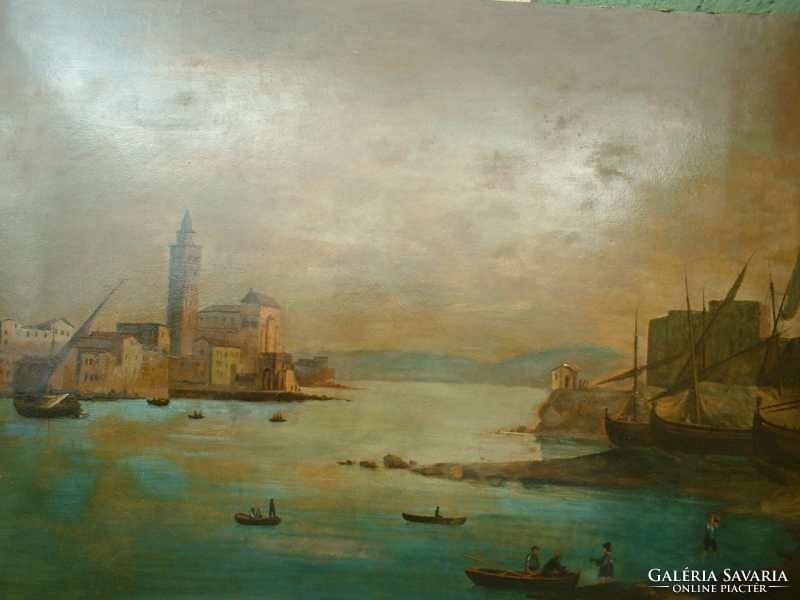 Antique - 1800s - Italian port c. Painting large size 117x83 cm