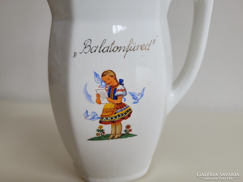 Old kp granite Balaton memorial water jug with homing pigeon Balatonfüred inscription folk motif jug