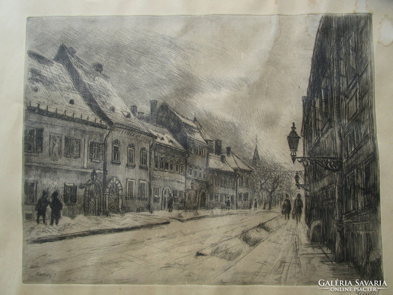 István Élesdy: Budavári street section, buda castle district, signed etching by the artist