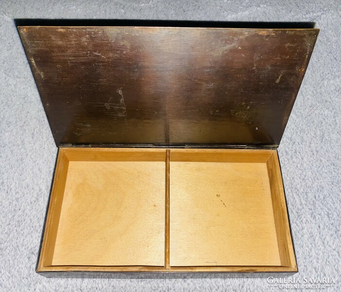 Iparművészeti réz doboz osztott fa betéttel ékszeres doboz 20x12 kincses Óbuda v Posta is