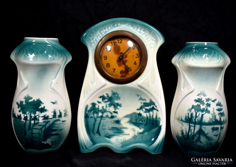 Antique Jugendstil faience mantel clock set!