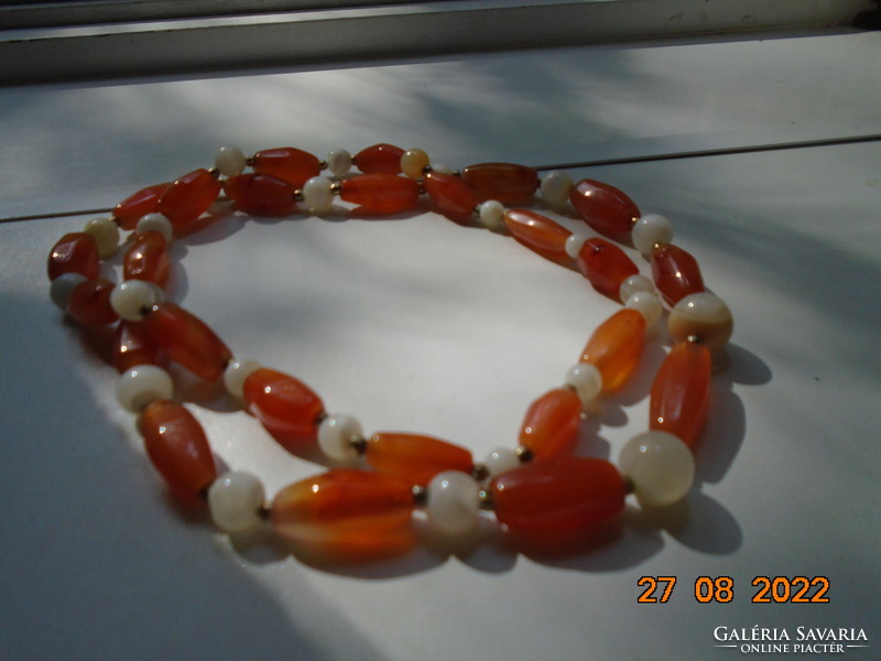 Antique 25 large-eyed Baltic amber and moonstone, long heavy necklace, with gold-plated intermediate pearl