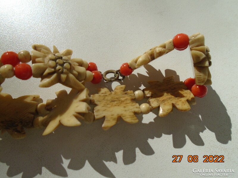 Victorian Swiss Hand Carved Bone Mountain Grass Pattern Bracelet with Coral Beads